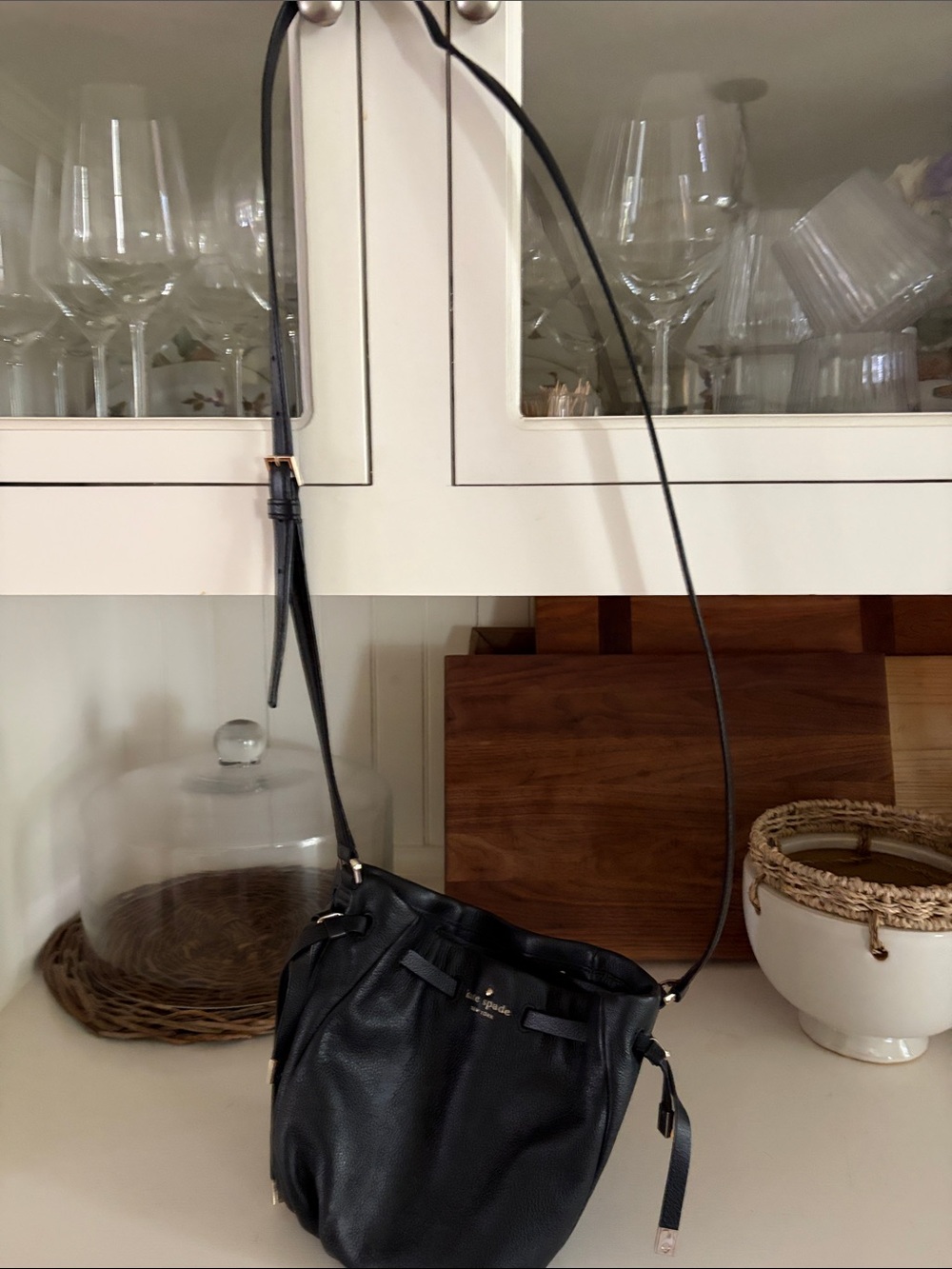 kate spade Black Pebbled Leather Drawstring Crossbody Bag Like New